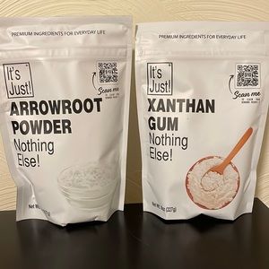 It’s Just Arrow Root Powder & Xanthan Gum.    Each 8 oz